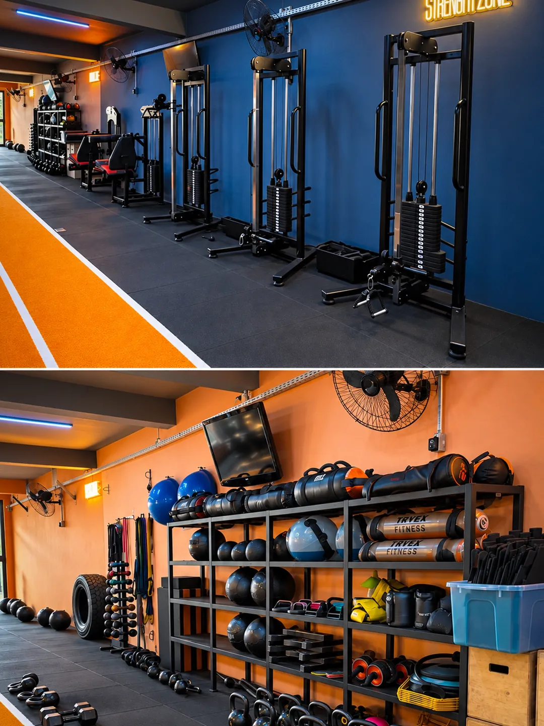 Área de equipamentos com estações de treino e racks de bolas